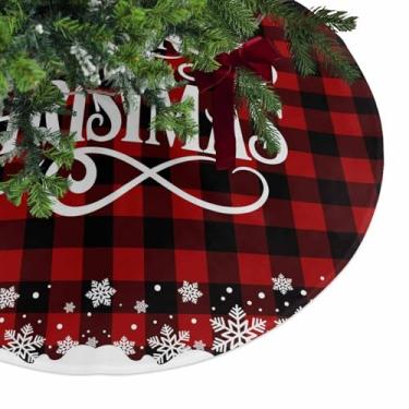 Imagem de Saia para árvore de Natal, decoração de festa de Natal para árvore de Natal, floco de neve, vermelho, búfalo, xadrez, 121 cm