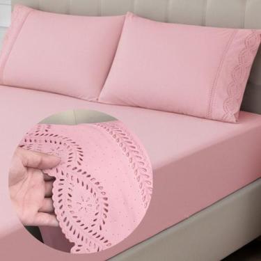 Imagem de Jogo de Cama Lençol King Size 3 Peças Bordado Inglês 400 Fios Lese - M