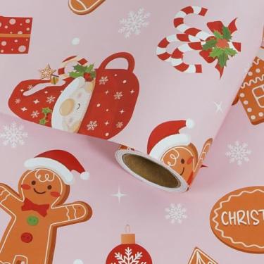Imagem de RayofSun Rolo de papel de embrulho de Natal rosa 43 cm x 5 m, meias masculinas de gengibre para casa bengalas doces caneca de gnomo rolos de papel de embrulho, papel de embrulho de presente infantil