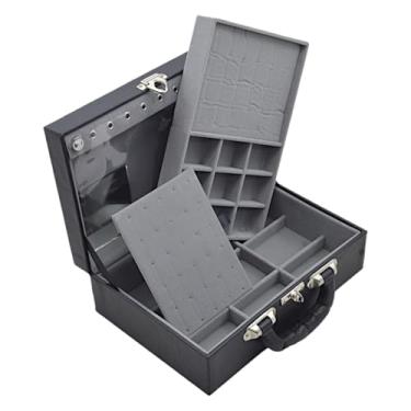 Imagem de Porta Joias Maleta com Espelho - Caixa Organizadora Dupla em Veludo para Bijuterias, Anéis e Brincos (INTERNO CINZA)