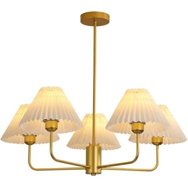 Imagem de Lustre moderno de ouro de 5 luzes de meados do século Sputnik Industrial Semi Flush Mount Luminárias de teto Lustres vintage plissados para sala de jantar Quarto Cozinha Ilha Hall de entrada