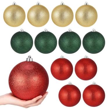 Imagem de Poen Enfeite de árvore de Natal com glitter de 15 cm, decorações de bolas de Natal extragrandes com laço para pendurar para decorações de feriados, guirlanda de festa de festival, decoração de casa
