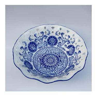 Imagem de URGDWEKJY Fruteira Nova Cerâmica Chinesa Azul e Branca Porcelana Prato de Frutas Oco Cesto de Frutas Criativo Prato de Alimentação Prato de Lanche Mesa de Café Tigela de Salada (B)