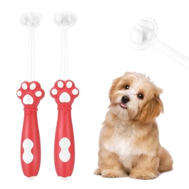 Imagem de Gluckelk Pacote com 2 escovas de dentes para cães com 3 lados, escovas de dentes para filhotes com tecnologia exclusiva de cerdas, higiene bucal para animais de estimação, para cães médios e pequenos