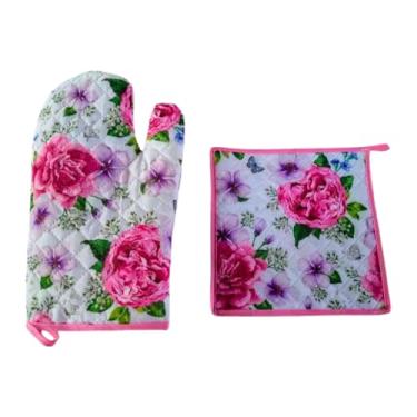 Imagem de Luva TéRmica Para Cozinha: Luva Avulsa, Par De Luvas Ou Kit Com Apoio TéRmico, Ideal Para Forno E FogãO(Floral Rosa,Luva + Apoio Térmico)