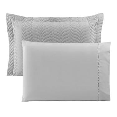 Imagem de Kit 2 Porta Travesseiros 80x55 + 2 Fronhas 70x50 Paris – Algodão 100% Percal 150 Fios – Maciez, Conforto e Acabamento Sofisticado - Cinza