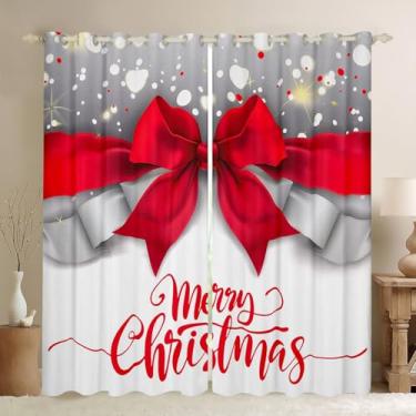Imagem de Cortinas de Feliz Natal para meninos e meninas, crianças, decorações de Natal, cortinas blackout com estampa de laço vermelho de Natal, cortinas de quarto com tema de inverno, cortinas de feliz ano