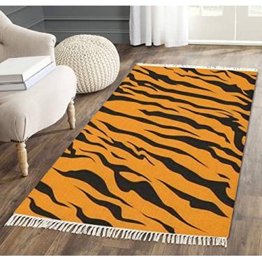 Imagem de Tapete de área com borla, listrado, animais, selva, pele de tigre, textura sem costura, repetição, laranja, franja, tapete de chão, tapete para pátio, corredor, minimalista, decoração de casa, sala de