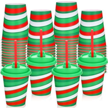 Imagem de Potchen Conjunto de 50 copos de plástico de Natal com tampas e canudos, 355 ml, vermelho e verde, copos de Natal para bebidas frias, suco, café, bebidas, suprimentos