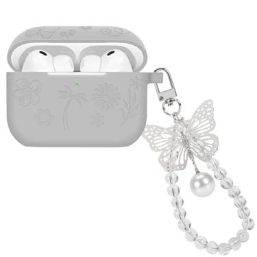 Imagem de Capa de silicone compatível com AirPods Pro 3 geração 2025 com chaveiro borboleta, capa protetora com design de flor gravada para mulheres, capa macia de TPU (poliuretano termoplástico) à prova de