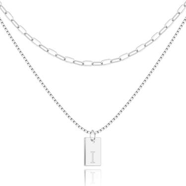 Imagem de Poxtex Colar feminino com inicial de prata 925 em camadas delicadas, colar com pingente de letra A-Z, à prova d'água, moderno, com nome, não mancha, personalizado para presentes de joias para meninas