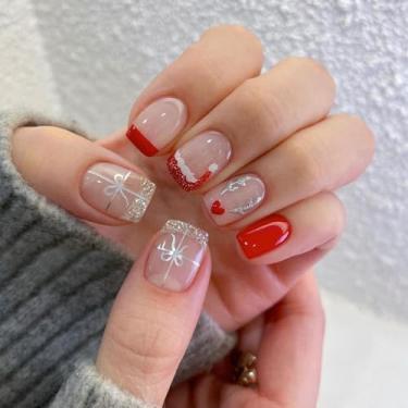 Imagem de Pregos postiços quadrados curtos de Natal com desenhos de coração de alce vermelho com ponta francesa prensa cola brilhante nas unhas Gloden Glitter acrílico unhas de Natal para mulheres, 24 peças