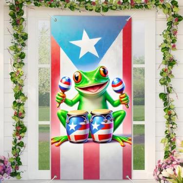 Imagem de BlissYard Porto Rico Capa de porta de Natal Coqui Sapo Bandeira Maracas 188 x 89 cm Feliz Natal Porta Banner Feriado Decoração de Entrada Sazonal Decoração de Portas de Pátio Placa de Boas-vindas