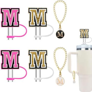 Imagem de Haundry Pacote com 4 capas de canudo para copo Stanley, tampa de palha reutilizável de 10 mm com 2 peças de acessórios de pingente de letra inicial para copo Stanley com alça, ouro rosa M