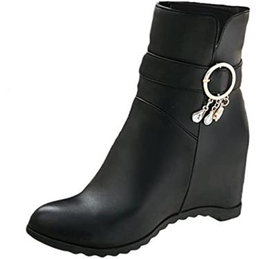 Imagem de Botas femininas de couro sintético para uso ao ar livre inverno quente bico redondo botas de neve botas curtas anabela, Preto, 37 BR