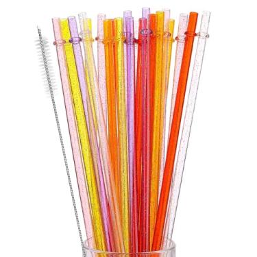 Imagem de 24 canudos de plástico reutilizáveis, cores misturadas, copo duro de 28 cm de comprimento com escova de limpeza - 6 cores claras