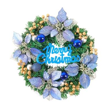 Imagem de Baoblaze Guirlanda de porta de Natal feliz, folhas verdes de Natal, flor de poinsétia artificial para parede de fazenda, festa de fim de ano, escritório, Blue 40cmx8cm