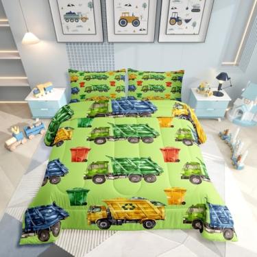 Imagem de Erosebridal Conjunto de edredom solteiro com caminhões de lixo para meninos, caminhões de lixo, desenho animado de carro para adolescentes, homens, crianças, latas de lixo coloridas, colcha verde com