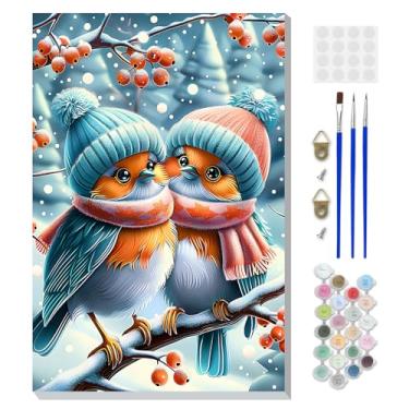 Imagem de DOMROM Kit de pintura emoldurada de Natal por números para adultos com cavalete de madeira, kit de pintura cardeal por números para iniciantes, kits de pintura a óleo DIY para decoração de parede de