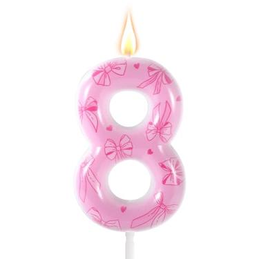 Imagem de Vela de aniversário com laço rosa, número com tema de laço elegante, enfeite de bolo de aniversário para mulheres, meninas, festas de casamento, chá de bebê, decorações de aniversário (número 8)
