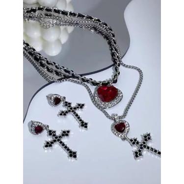 Imagem de Colares de Halloween para mulheres, colar gótico preto para homens, colar gótico, colares cruzados, coração vermelho, brincos para Halloween, conjunto de joias para mulheres, festivais de música