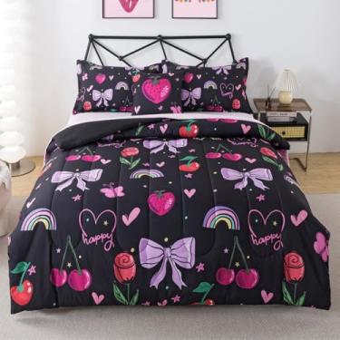Imagem de lishjekee Jogo de cama infantil solteiro com laço e laço arco-íris, 6 peças, para meninas e adolescentes, conjunto de lençol com estampa kawaii de cereja e morango, preto