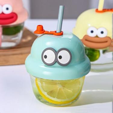 Imagem de Mini copo de vidro com canudo de desenho animado, portátil, 210 ml, garrafa de bebida de viagem para mulheres e homens, casa, escritório, escola, bebida, (azul)