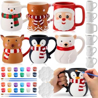 Imagem de Zubebe 6 conjuntos de canecas de Natal para pintar suas próprias canecas, kit de artesanato de Natal de cerâmica para pintar, alce de Papai Noel, boneco de neve, pinguim, homem de gengibre, urso polar