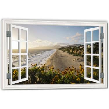 Imagem de Impressão em tela de ilusão de janela falsa Facing The SeaArtistic, arte de parede com vista panorâmica real para sala de estar 80 x 120 cm emoldurada