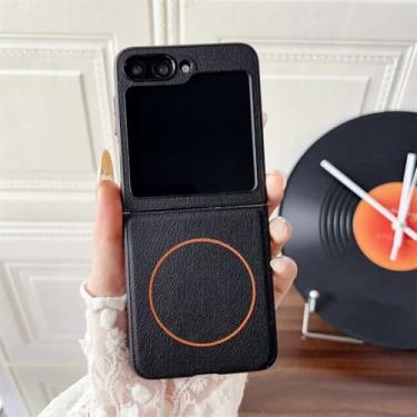 Imagem de Capa protetora rígida de couro sintético magnética para Galaxy Z Flip5 (para Galaxy Z Flip5/preta)