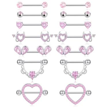 Imagem de Ofeiyaa 7 pares de anéis de mamilo para mulheres de aço inoxidável 14G rosa CZ coração diabo bola acrílica barra reta barra de mamilo conjunto de anéis de língua bonito piercing piercing joia tom