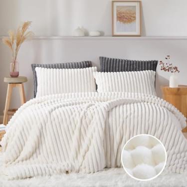 Imagem de CCoutueChen Jogo de cama Queen macio de pele sintética macia, 3 peças, roupa de cama de flanela de veludo branco para todas as estações, 1 edredom felpudo felpudo com 2 fronhas