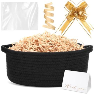 Imagem de Colingmill Cesta de tecido com sacos de presente e 2 fitas, enchimento de papel de grama ráfia, cartão de presente, cesta de corda pequena vazia para armazenamento e organizador de brinquedos (preto)