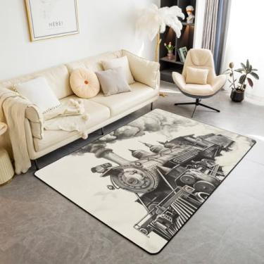 Imagem de Erosebridal Tapete de trem vintage, 1,88 m x 1,15 m x 1,28 m, tapete de área de locomotiva para crianças, adolescentes, adultos, vagões de madeira, tapete de chão interno, trilho de estrada, fumaça