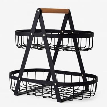 Imagem de Fruteira de Mesa Rustica de Ferro, Bambu para Café Da Manhã de Metal Preto Multiuso(FRUTEIRA OVAL PRETA 32X18CM)