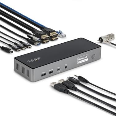 Imagem de StarTech. Com Estação de ancoragem USB-C de monitor triplo, base de carregamento para laptop de 140 W para MacBook Pro e Windows, 4K 60Hz, TAA