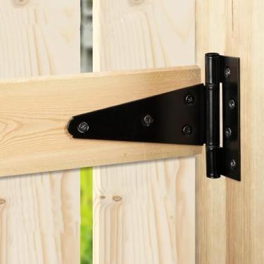 Imagem de 1 conjunto de dobradiças de portão de correia em T com 7 parafusos, dobradiças de porta de celeiro resistentes para galpão, dobradiças pretas para cerca de madeira, portão de quintal (7 cm)