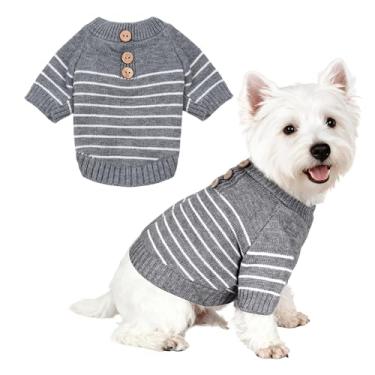 Imagem de Suéter de malha para cães com botões de madeira aconchegante para animais de estimação listrado roupas de inverno para chihuahuas cães pequenos gatos meninos meninas, cinza, G