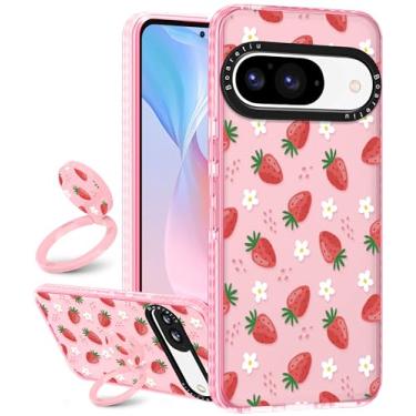 Imagem de Boaretiu Capa fofa Kawaii para Google Pixel 9/9Pro com suporte - Design de suporte de anel giratório adesivo de 360° moderno para mulheres meninas e meninas para Google Pixel 9/9Pro, morango