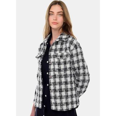 Imagem de Jaqueta Xadrez Preta Feminina de Lã Tweed com Bolsos tamanho:G;cor:-Feminino