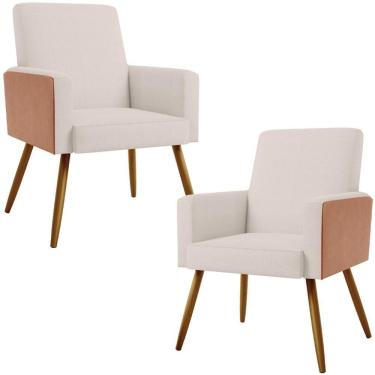 Imagem de Kit 02 Poltronas Pés Palito Linho Cru Couríssimo Camel