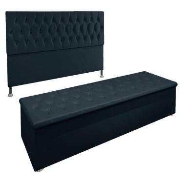 Imagem de Kit Cabeceira E Calçadeira Baú Queen 1,60m Madrid Suede - Pallazio Cor Azul Marinho