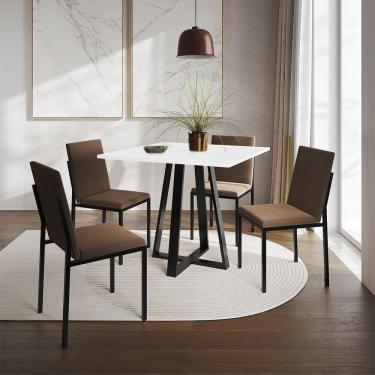 Imagem de Conjunto De Jantar Mesa Mônaco 90Cm Tampo Branco Com 4 Cadeiras Estofadas Marrom - Cor: Preto
