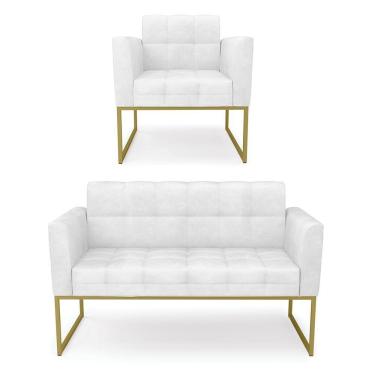 Imagem de Kit 1 Sofá Namoradeira E 1 Poltrona Elisa Corano Base Metálica Industrial Dourado - D'rossi Cor Branco