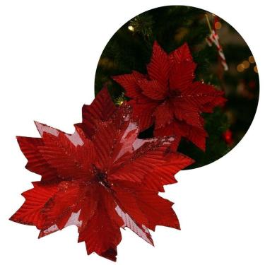 Imagem de Flor Bico De Papagaio Natalino Pick Recort Veludo Vermelho Glitter Luxo 28cm