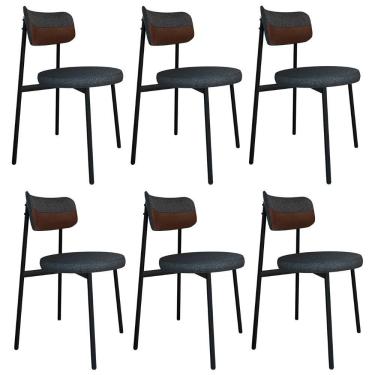 Imagem de Cadeira De Jantar Estofada Kit 6 Nyka M25 Linho Grafite/marrom - Mpozenato