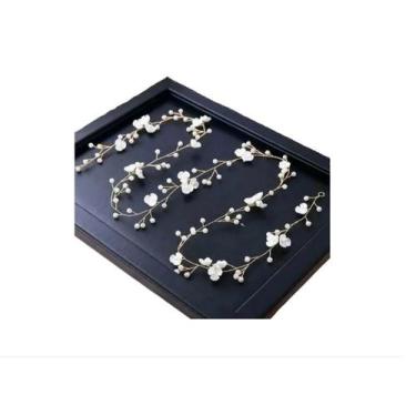 Imagem de Tiara Arranjo Cabelo Noiva Pérola Fio Flor Dourado - Decastro