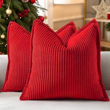 Imagem de decorUhome Capas de almofada de veludo cotelê vermelho de Natal 40,6 x 40,6 cm, conjunto de 2 fronhas decorativas macias Boho Farmhouse Euro Sham para sala de estar, cama, sofá, listras largas