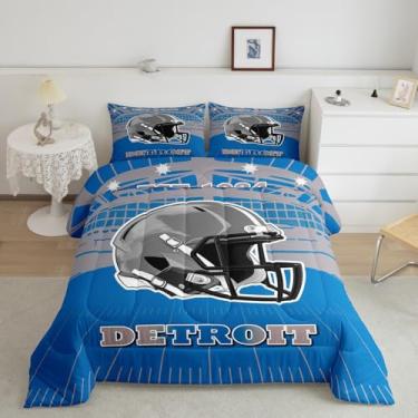 Imagem de Feelyou Conjunto de edredom de futebol americano, cidade de Detroit, tamanho solteiro, edredom de futebol americano, time esportivo, capacete de futebol
