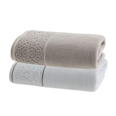 Imagem de Jogo de Toalhas Ele/Ela Super Soft Arabesco Zero Twist 2Pçs – Banhão 80x150cm 500g/m² – Toque Macio, Alta Absorção e Design Sofisticado – Altihaus (Branco/Cinza)